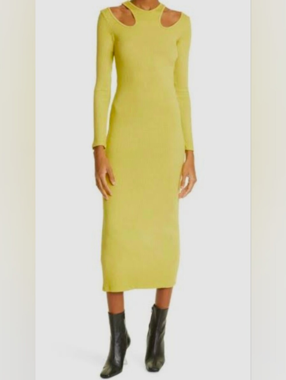Simon Miller Dress Small Kiwi Green Midi Ribbed Bodycon Long Sleeve Cutout